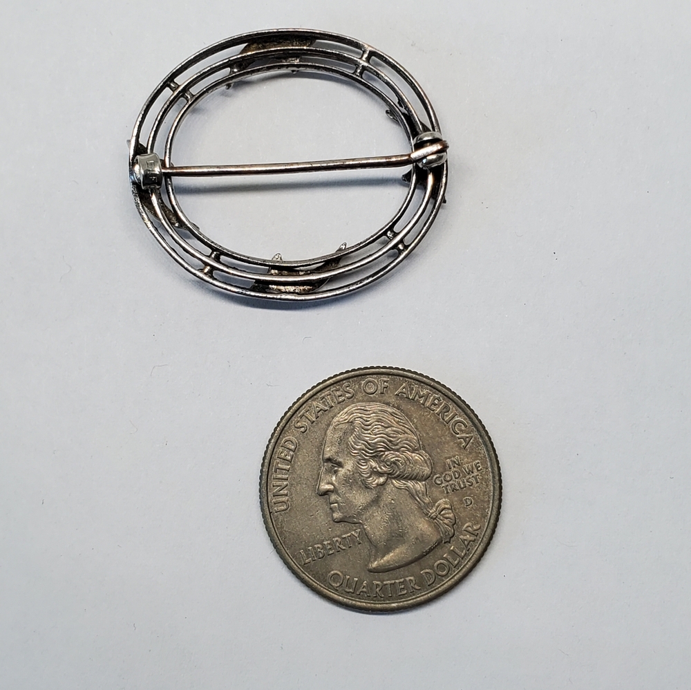 Antique Art Deco Sterling Silver Rhinestone Oval Brooch - Picture 7 of 8